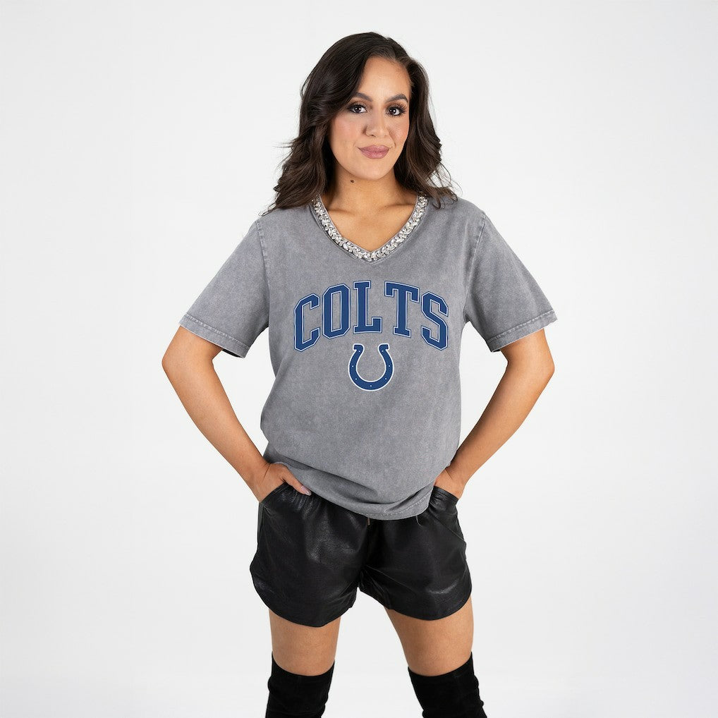 Indianapolis Colts Gameday Couture Women's Relaxed Iconic Edge Rhinestone V-Neck T-Shirt - Gray outlet