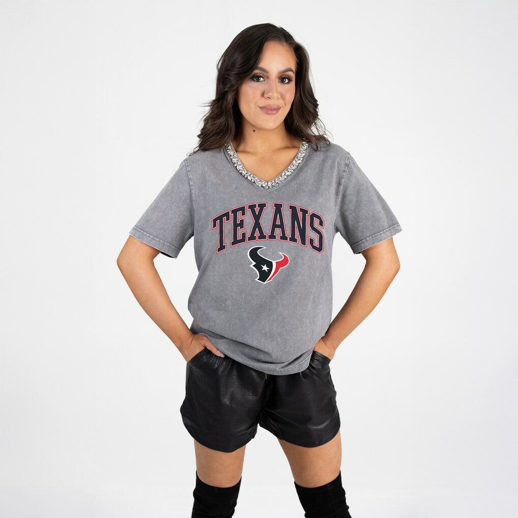 Houston Texans Gameday Couture Women's Relaxed Iconic Edge Rhinestone V-Neck T-Shirt - Gray sale