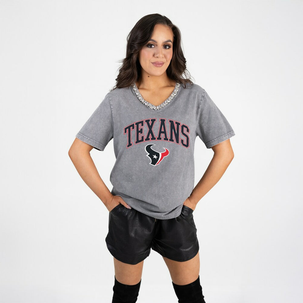 Houston Texans Gameday Couture Women's Relaxed Iconic Edge Rhinestone V-Neck T-Shirt - Gray sale