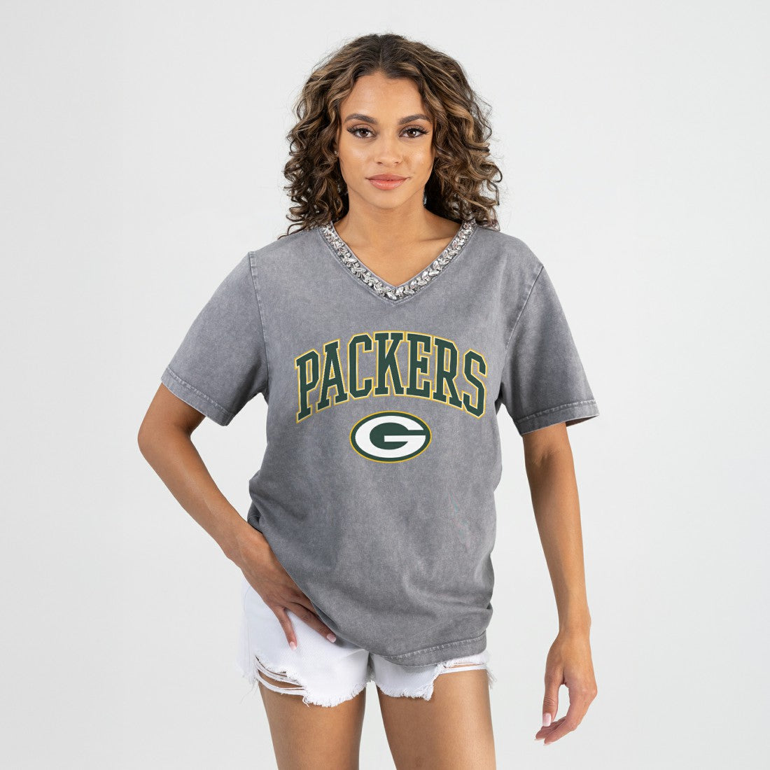 Green Bay Packers Gameday Couture Women's Relaxed Iconic Edge Rhinestone V-Neck T-Shirt - Gray outlet