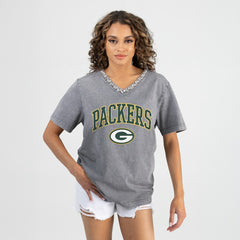 Green Bay Packers Gameday Couture Women's Relaxed Iconic Edge Rhinestone V-Neck T-Shirt - Gray outlet