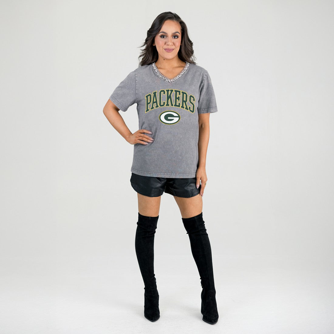Green Bay Packers Gameday Couture Women's Relaxed Iconic Edge Rhinestone V-Neck T-Shirt - Gray outlet