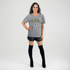 Green Bay Packers Gameday Couture Women's Relaxed Iconic Edge Rhinestone V-Neck T-Shirt - Gray outlet