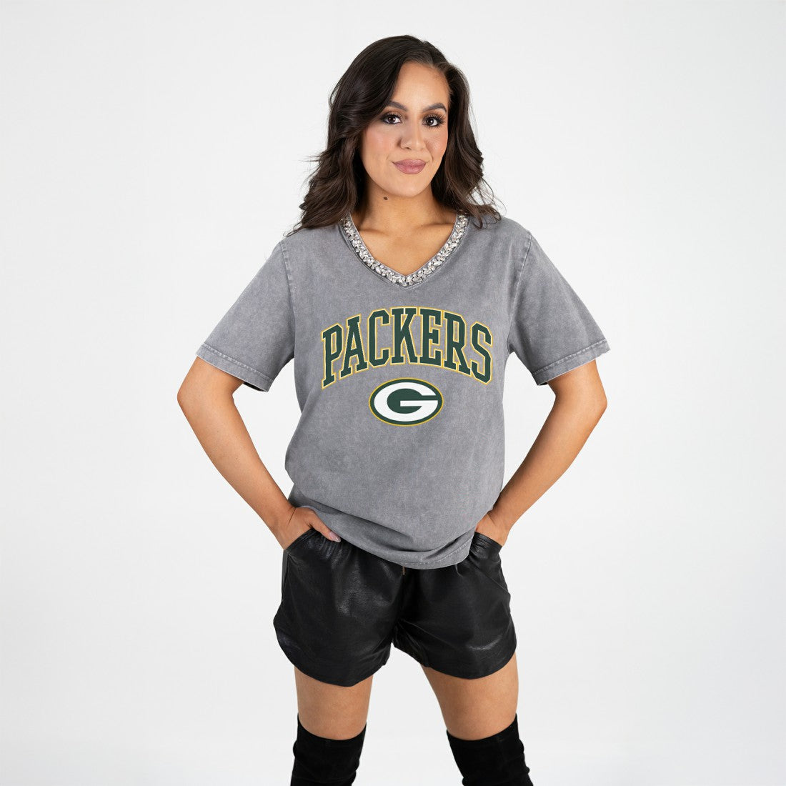 Green Bay Packers Gameday Couture Women's Relaxed Iconic Edge Rhinestone V-Neck T-Shirt - Gray outlet