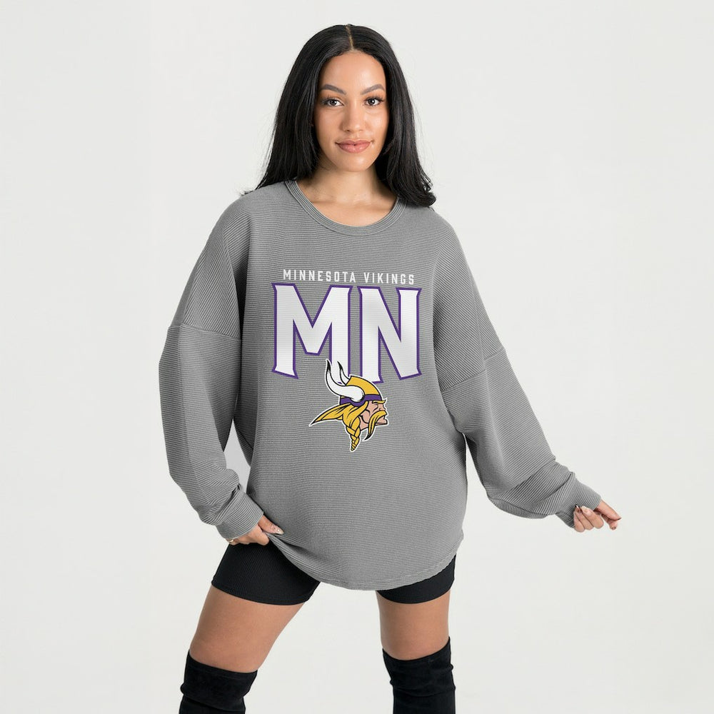 Minnesota Vikings Gameday Couture Women's Oversized Pure Motion Corded Sweatshirt - Gray for sale