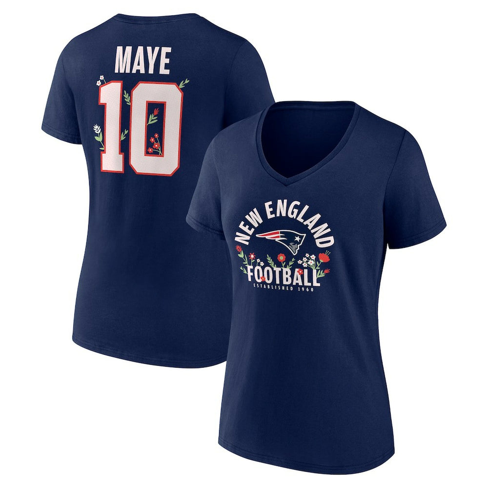 Drake Maye New England Patriots Women's Floral Name & Number V-Neck T-Shirt - Navy outlet