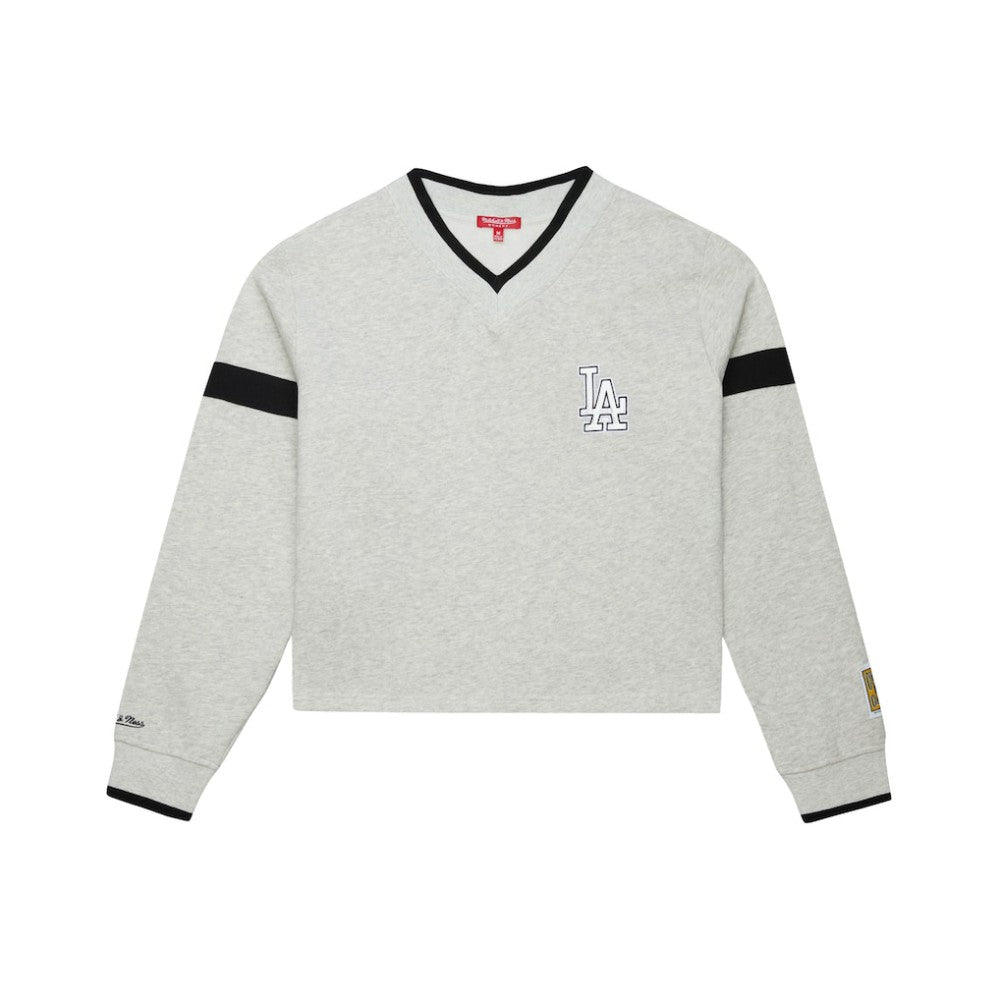 Los Angeles Dodgers Women's Cooperstown Collection V-Neck Cropped Toggle Sweatshirt - Heather Gray | Mitchell & Ness