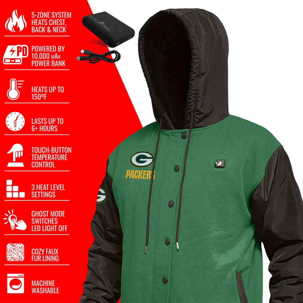 Green Bay Packers ActionHeat 5V Battery Heated Full-Snap Varsity Jacket - Green/Black online