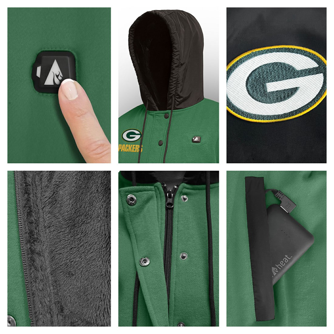 Green Bay Packers ActionHeat 5V Battery Heated Full-Snap Varsity Jacket - Green/Black online