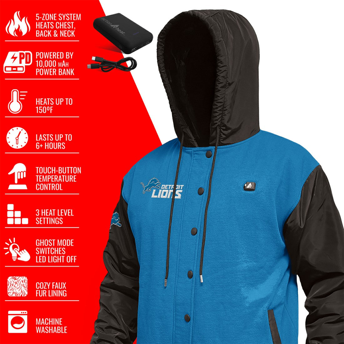 Detroit Lions ActionHeat 5V Battery Heated Full-Snap Varsity Jacket - Blue/Black for sale