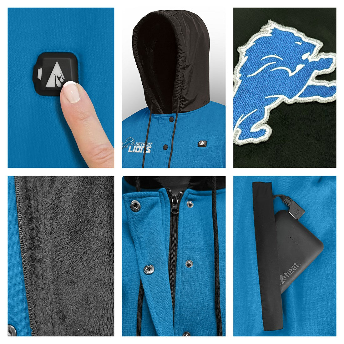 Detroit Lions ActionHeat 5V Battery Heated Full-Snap Varsity Jacket - Blue/Black for sale