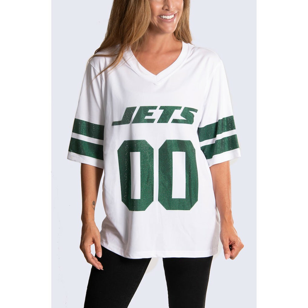 New York Jets Cuce Women's Rhinestone V-Neck Tunic - White cheap
