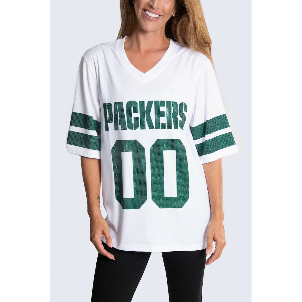 Green Bay Packers Cuce Women's Rhinestone V-Neck Tunic - White sale