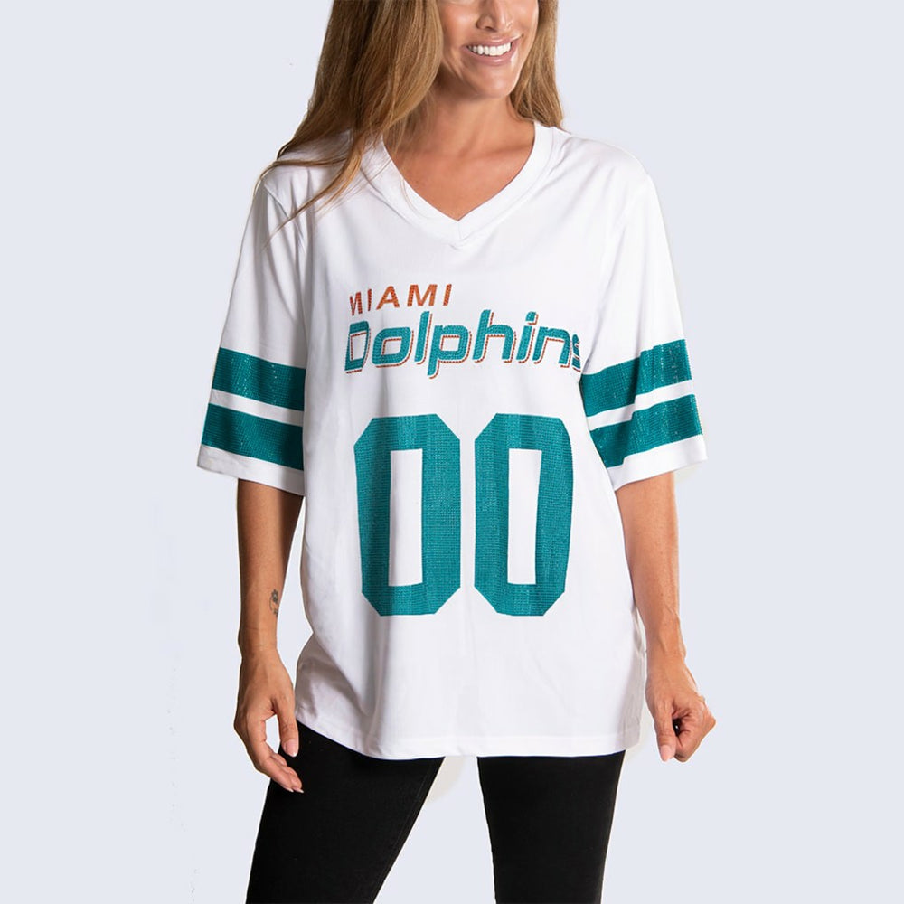 Miami Dolphins Cuce Women's Rhinestone V-Neck Tunic - White on sale