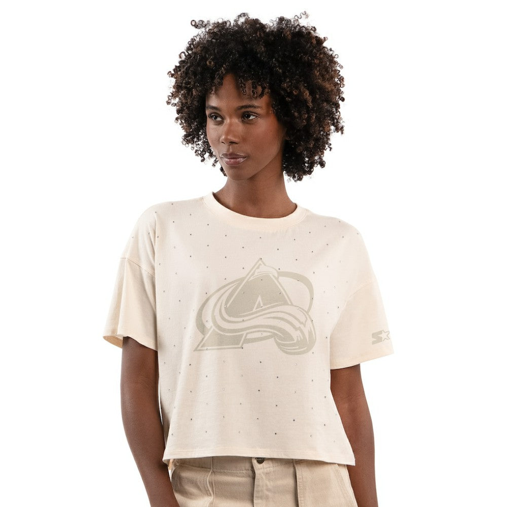 Colorado Avalanche Starter Women's Rhinestone Sprinkle Boxy Cropped T-Shirt Cream