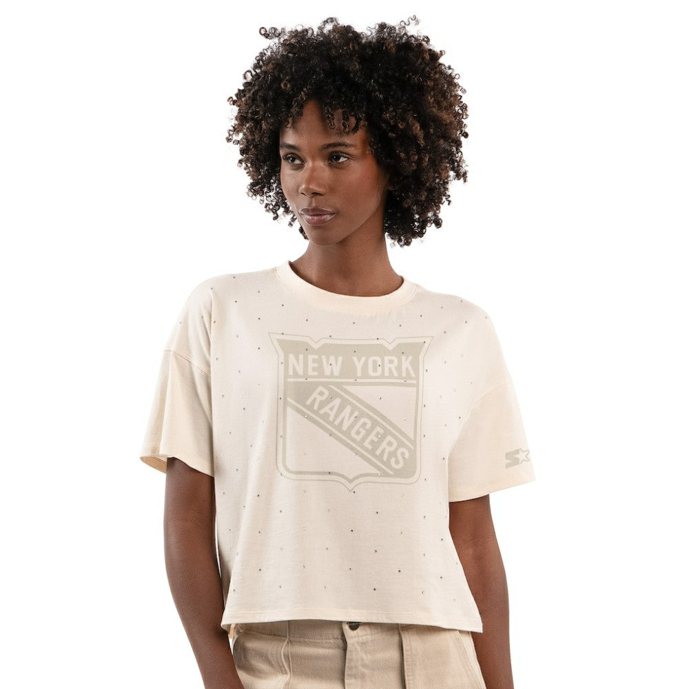 New York Rangers Starter Women's Rhinestone Sprinkle Boxy Cropped T-Shirt Cream