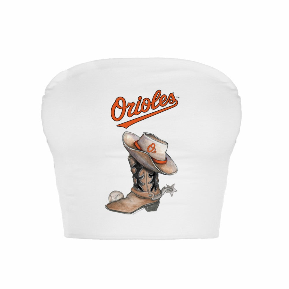 Baltimore Orioles Tiny Turnip Women's Cowboy Boot Crop Tube Top - White