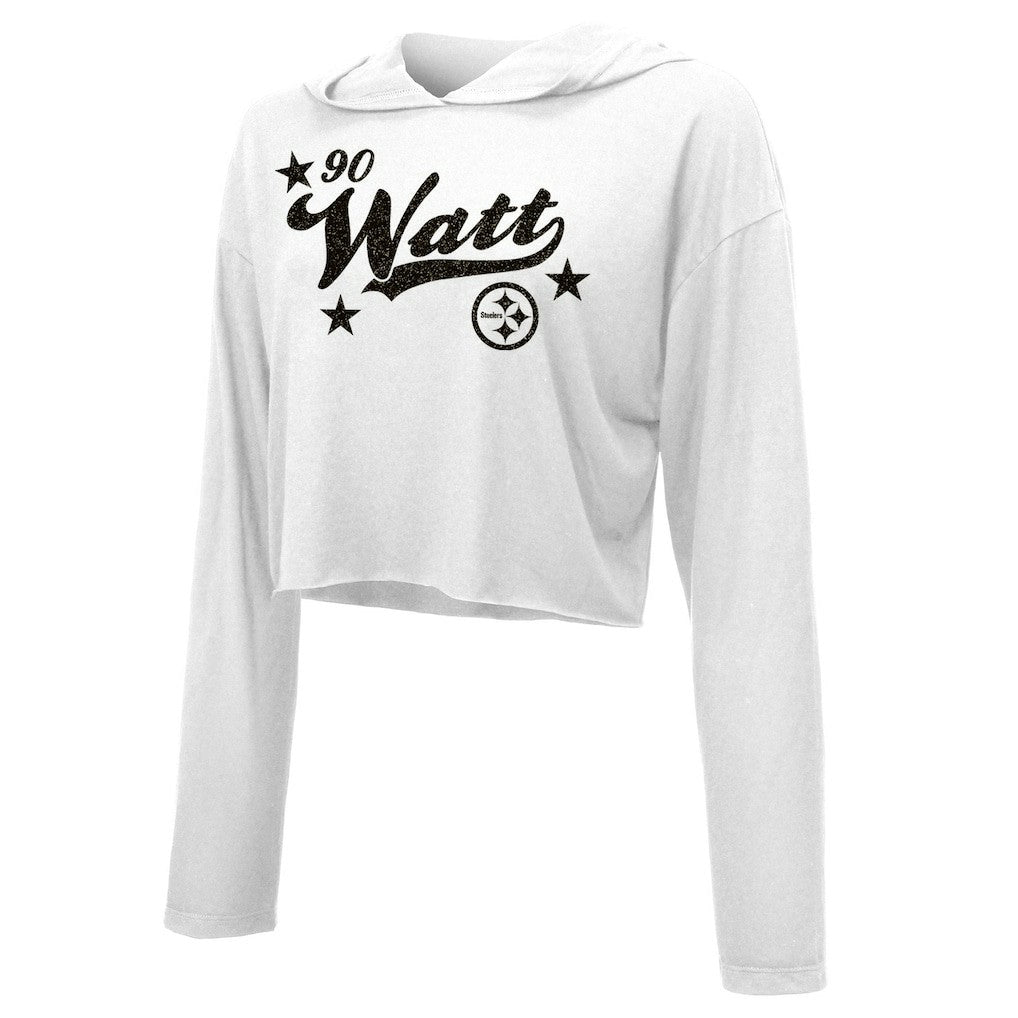 T.J. Watt Pittsburgh Steelers Majestic Threads Women's Glitter Wordmark Hoodie - White outlet