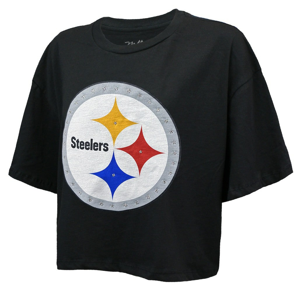 T.J. Watt Pittsburgh Steelers Majestic Threads Women's Swarovski Crystals Boxy Cropped Name & Number T-Shirt - Black for sale