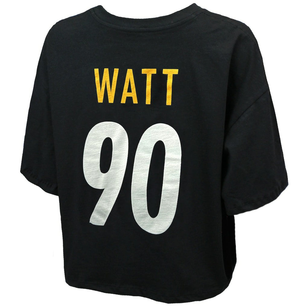 T.J. Watt Pittsburgh Steelers Majestic Threads Women's Swarovski Crystals Boxy Cropped Name & Number T-Shirt - Black for sale