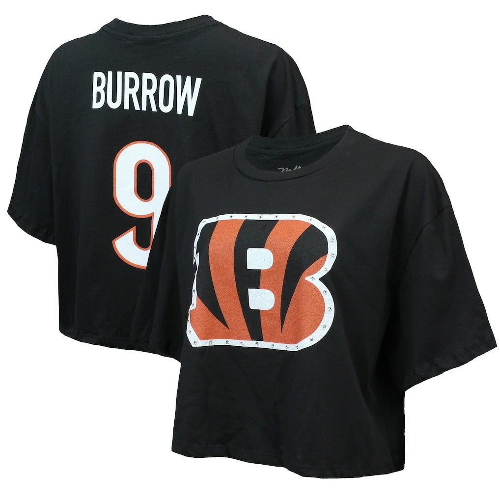Joe Burrow Cincinnati Bengals Majestic Threads Women's Swarovski Crystals Boxy Cropped Name & Number T-Shirt - Black on sale