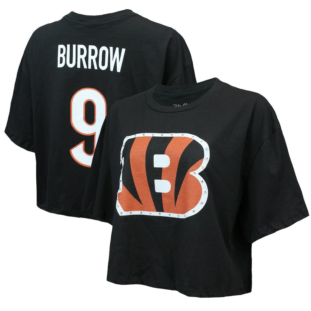 Joe Burrow Cincinnati Bengals Majestic Threads Women's Swarovski Crystals Boxy Cropped Name & Number T-Shirt - Black on sale