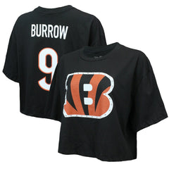 Joe Burrow Cincinnati Bengals Majestic Threads Women's Swarovski Crystals Boxy Cropped Name & Number T-Shirt - Black on sale
