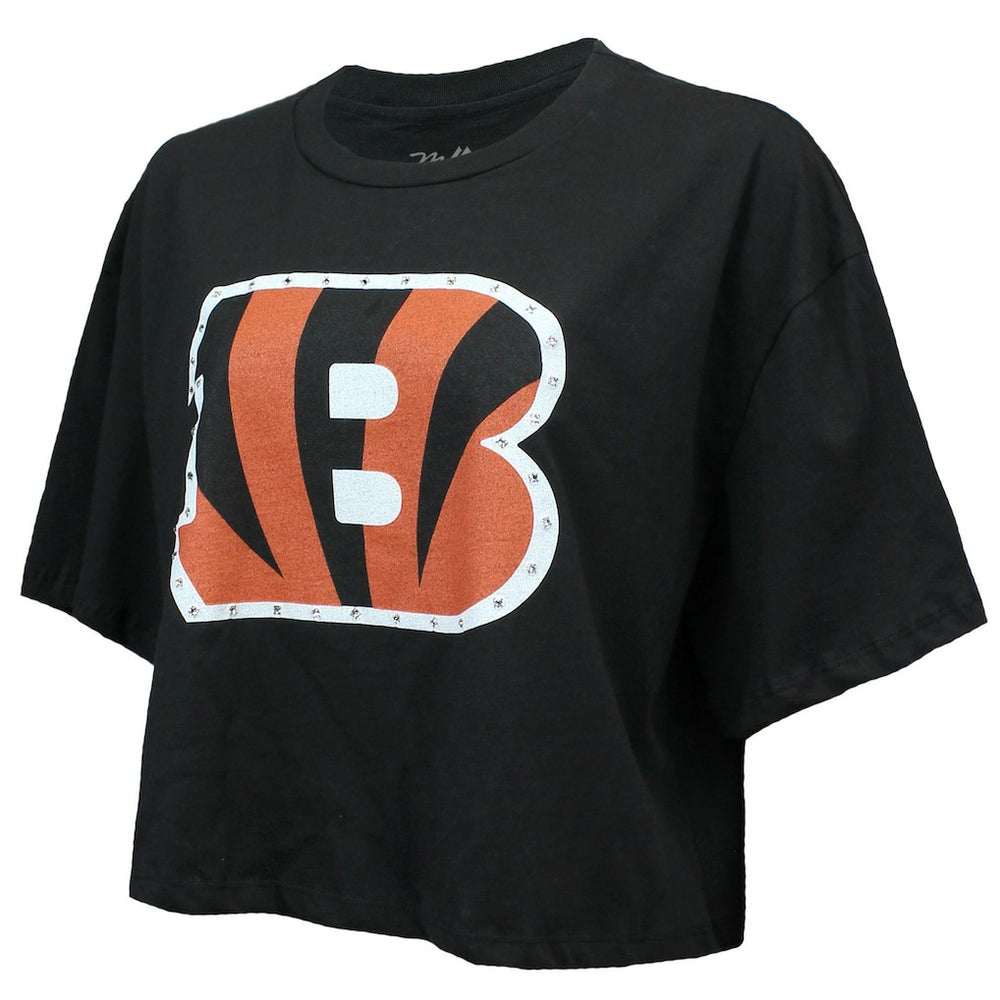 Joe Burrow Cincinnati Bengals Majestic Threads Women's Swarovski Crystals Boxy Cropped Name & Number T-Shirt - Black on sale