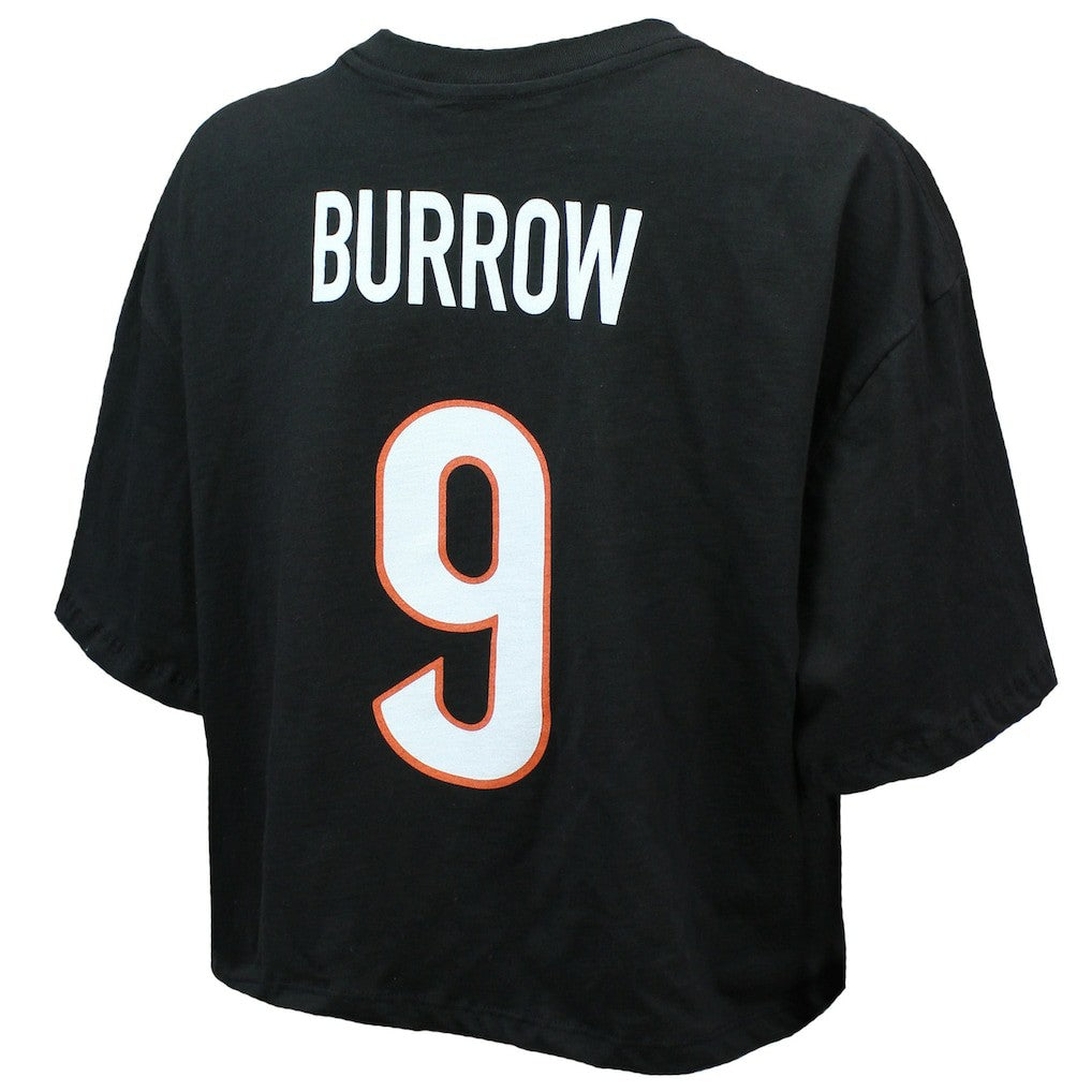 Joe Burrow Cincinnati Bengals Majestic Threads Women's Swarovski Crystals Boxy Cropped Name & Number T-Shirt - Black on sale