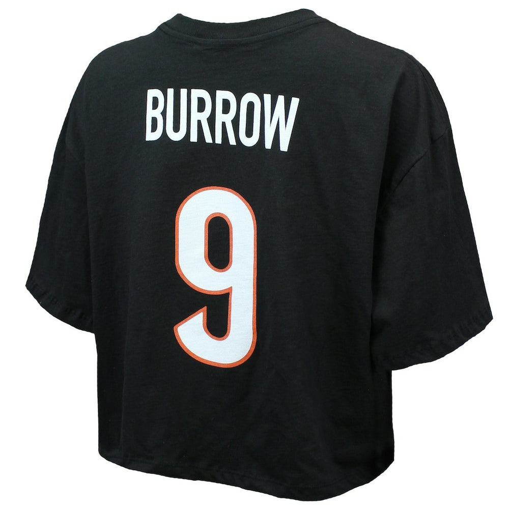 Joe Burrow Cincinnati Bengals Majestic Threads Women's Swarovski Crystals Boxy Cropped Name & Number T-Shirt - Black on sale