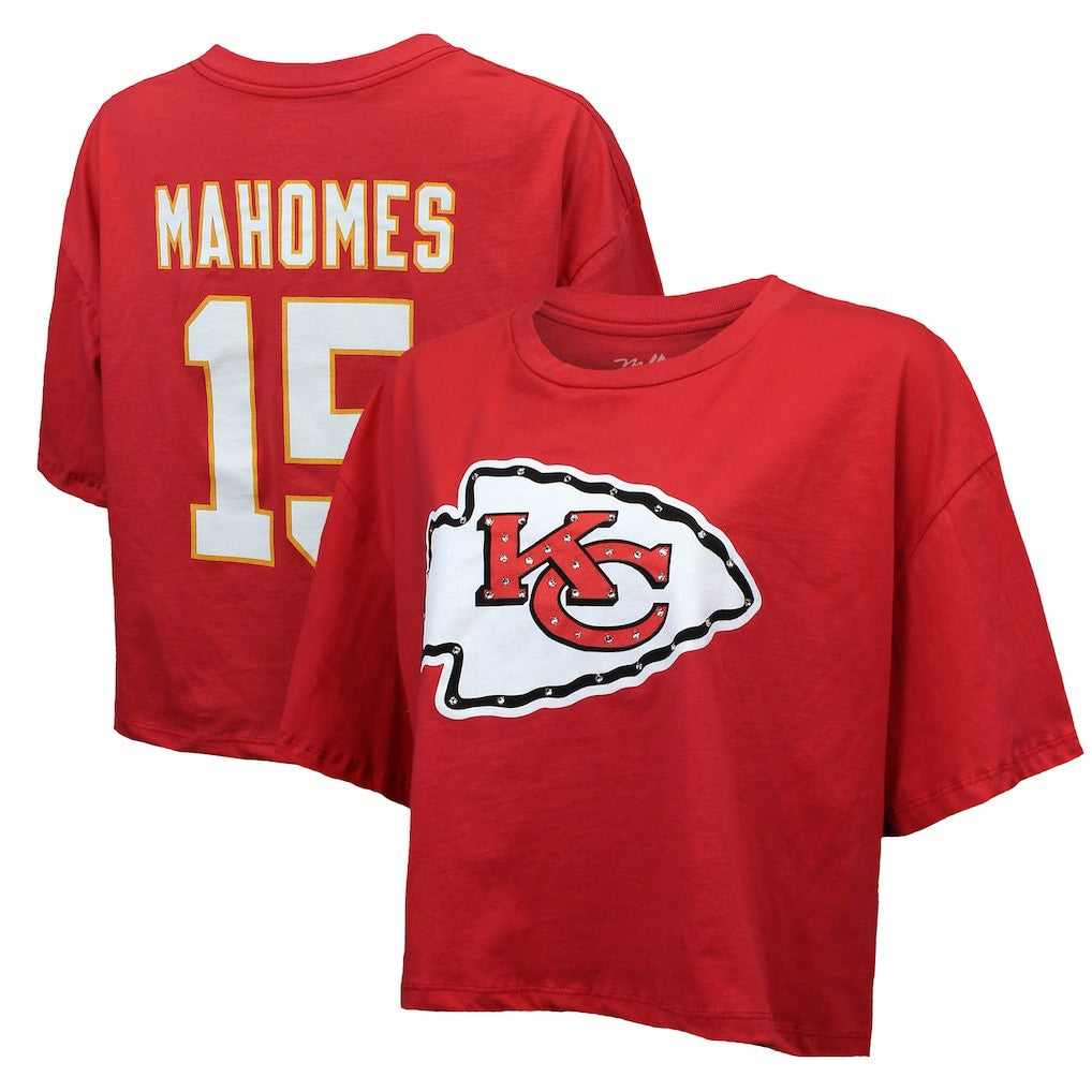Patrick Mahomes Kansas City Chiefs Majestic Threads Women's Swarovski Crystals Boxy Cropped Name & Number T-Shirt - Red outlet
