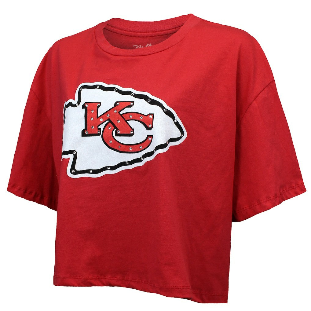 Patrick Mahomes Kansas City Chiefs Majestic Threads Women's Swarovski Crystals Boxy Cropped Name & Number T-Shirt - Red outlet
