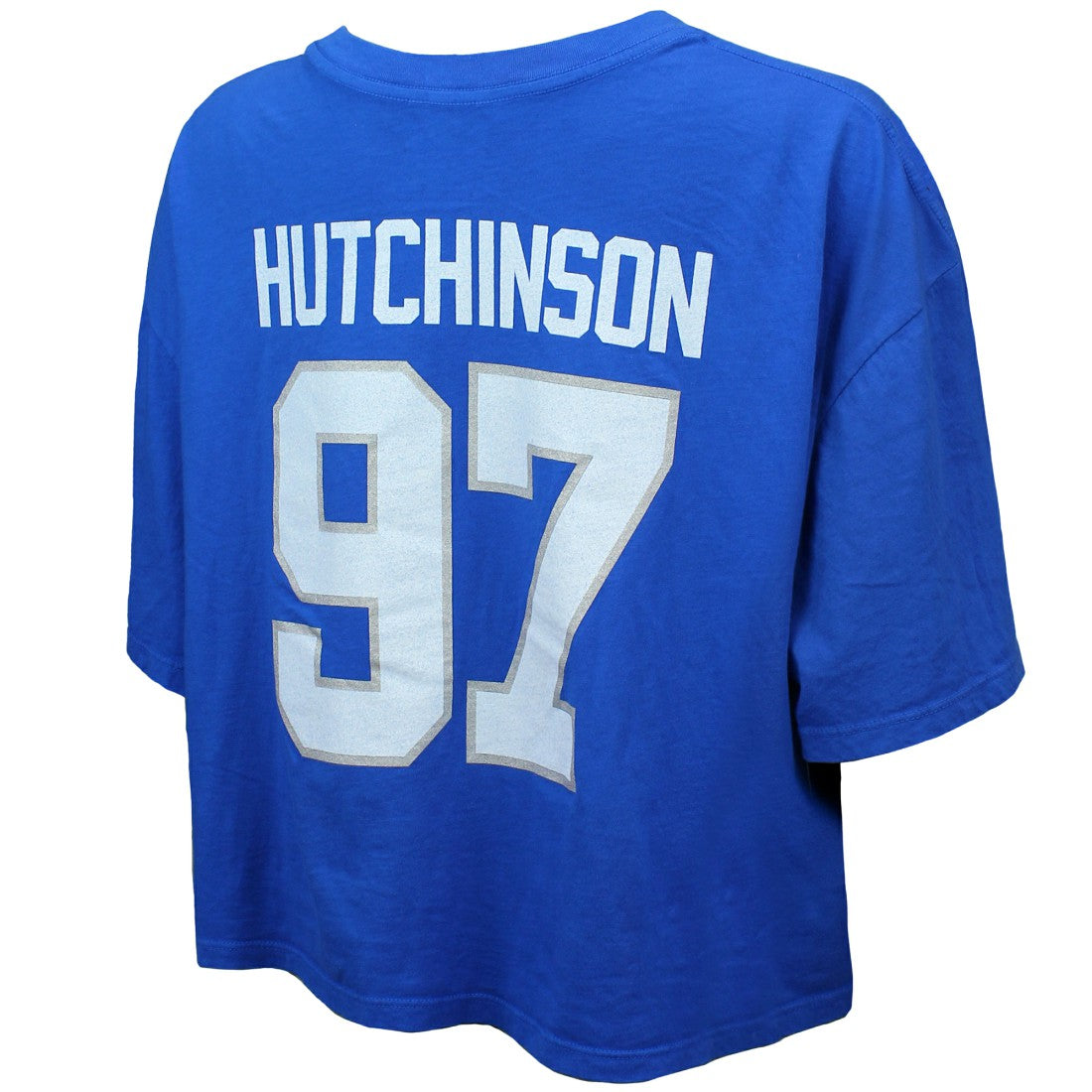 Aidan Hutchinson Detroit Lions Majestic Threads Women's Swarovski Crystals Boxy Cropped Name & Number T-Shirt - Blue on sale