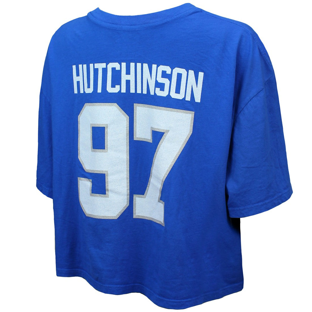 Aidan Hutchinson Detroit Lions Majestic Threads Women's Swarovski Crystals Boxy Cropped Name & Number T-Shirt - Blue on sale