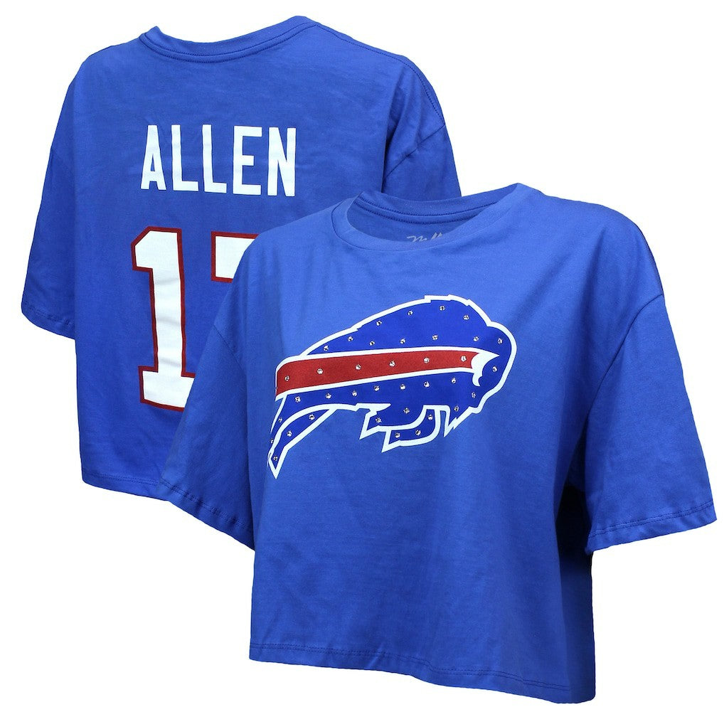 Josh Allen Buffalo Bills Majestic Threads Women's Swarovski Crystals Boxy Cropped Name & Number T-Shirt - Royal cheap