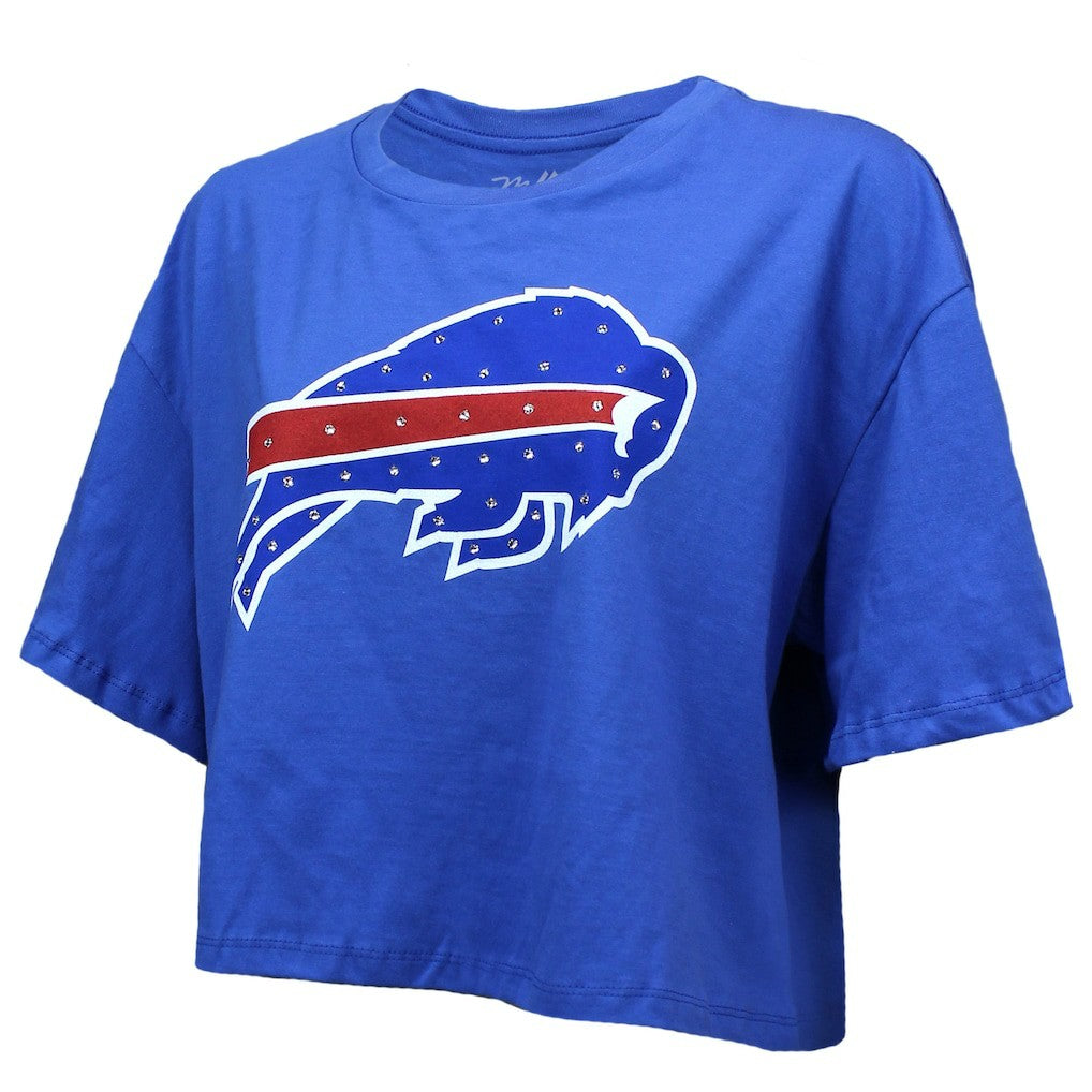Josh Allen Buffalo Bills Majestic Threads Women's Swarovski Crystals Boxy Cropped Name & Number T-Shirt - Royal cheap