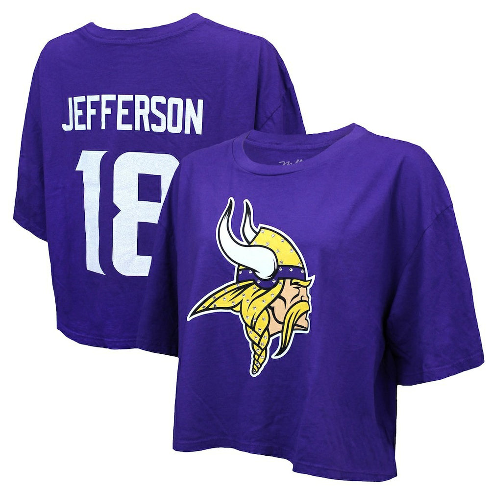Justin Jefferson Minnesota Vikings Majestic Threads Women's Swarovski Crystals Boxy Cropped Name & Number T-Shirt - Purple online