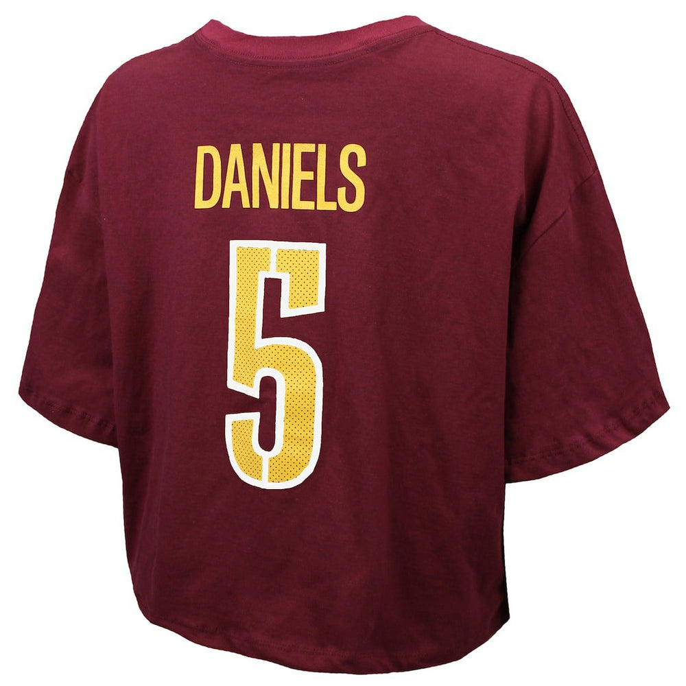 Jayden Daniels Washington Commanders Majestic Threads Women's Swarovski Crystals Boxy Cropped Name & Number T-Shirt - Burgundy cheap