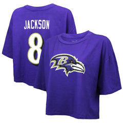 Lamar Jackson Baltimore Ravens Majestic Threads Women's Swarovski Crystals Boxy Cropped Name & Number T-Shirt - Purple cheap