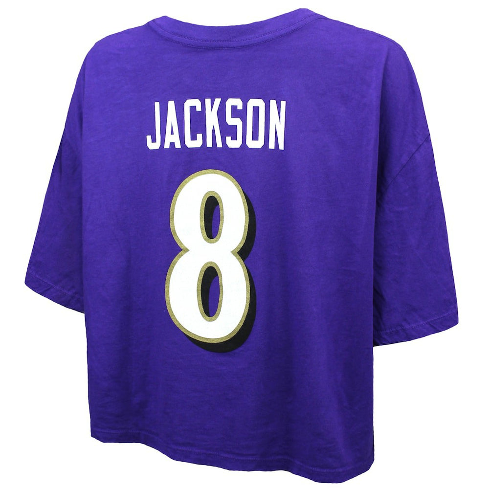 Lamar Jackson Baltimore Ravens Majestic Threads Women's Swarovski Crystals Boxy Cropped Name & Number T-Shirt - Purple cheap