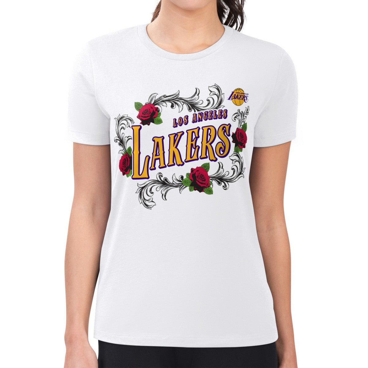 Los Angeles Lakers G-III 4Her by Carl Banks Women's Super-Slim Fit Lightweight Roses Crew Neck T-Shirt - White outlet
