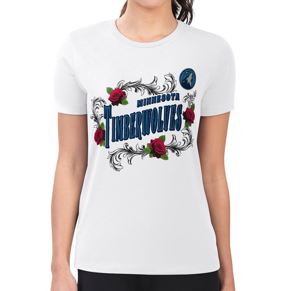 Minnesota Timberwolves G-III 4Her by Carl Banks Women's Super-Slim Fit Lightweight Roses Crew Neck T-Shirt - White outlet