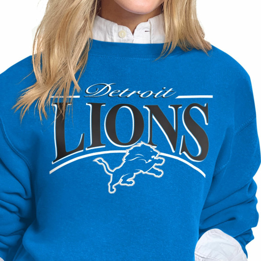 Detroit Lions Starter Women's Arch Stripe Fleece Crewneck Sweatshirt - Blue on sale