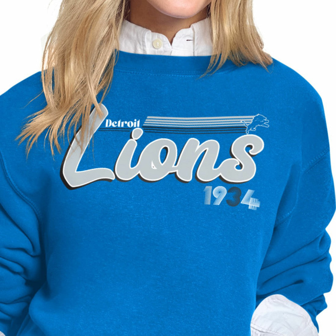 Detroit Lions Starter Women's Groovy Script Fleece Crewneck Sweatshirt - Blue for sale