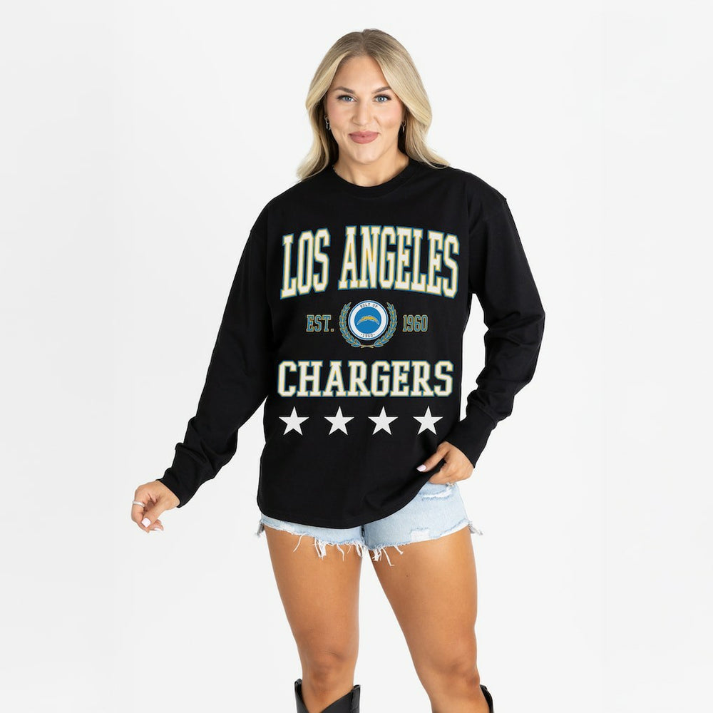 Los Angeles Chargers Gameday Couture Women's Oversized Everyday Star Long Sleeve T-Shirt - Black on sale