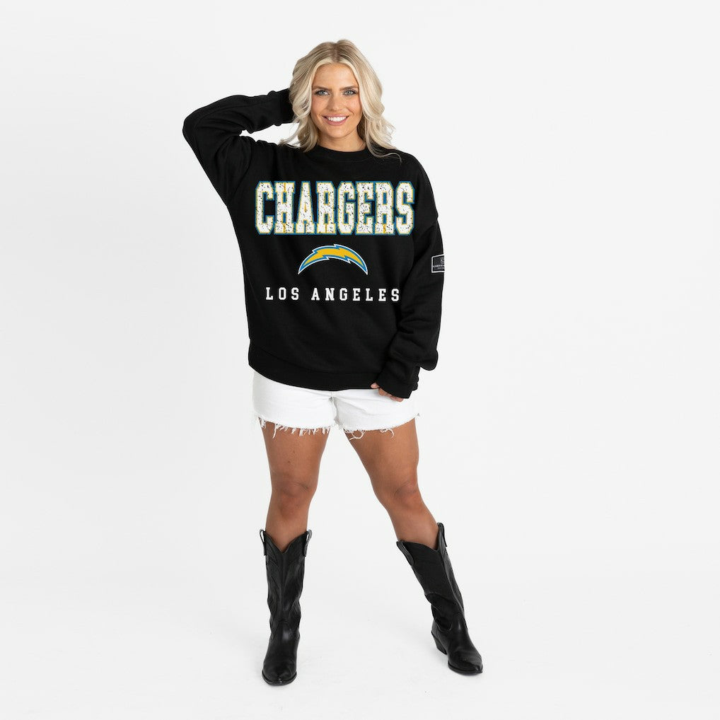 Los Angeles Chargers Gameday Couture Women's Oversized Level Up Black Label Premium Fleece Sweatshirt - Black cheap