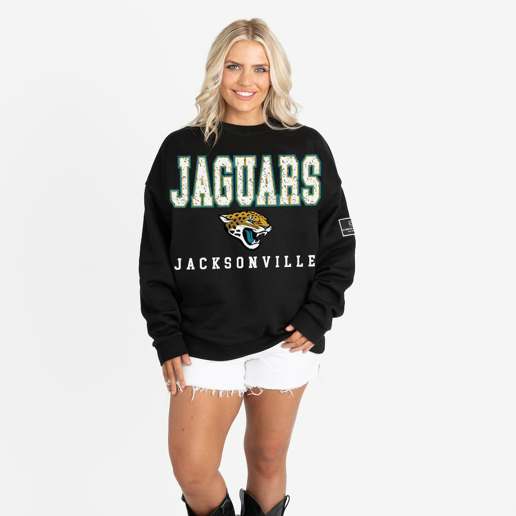 Jacksonville Jaguars Gameday Couture Women's Oversized Level Up Black Label Premium Fleece Sweatshirt - Black discount