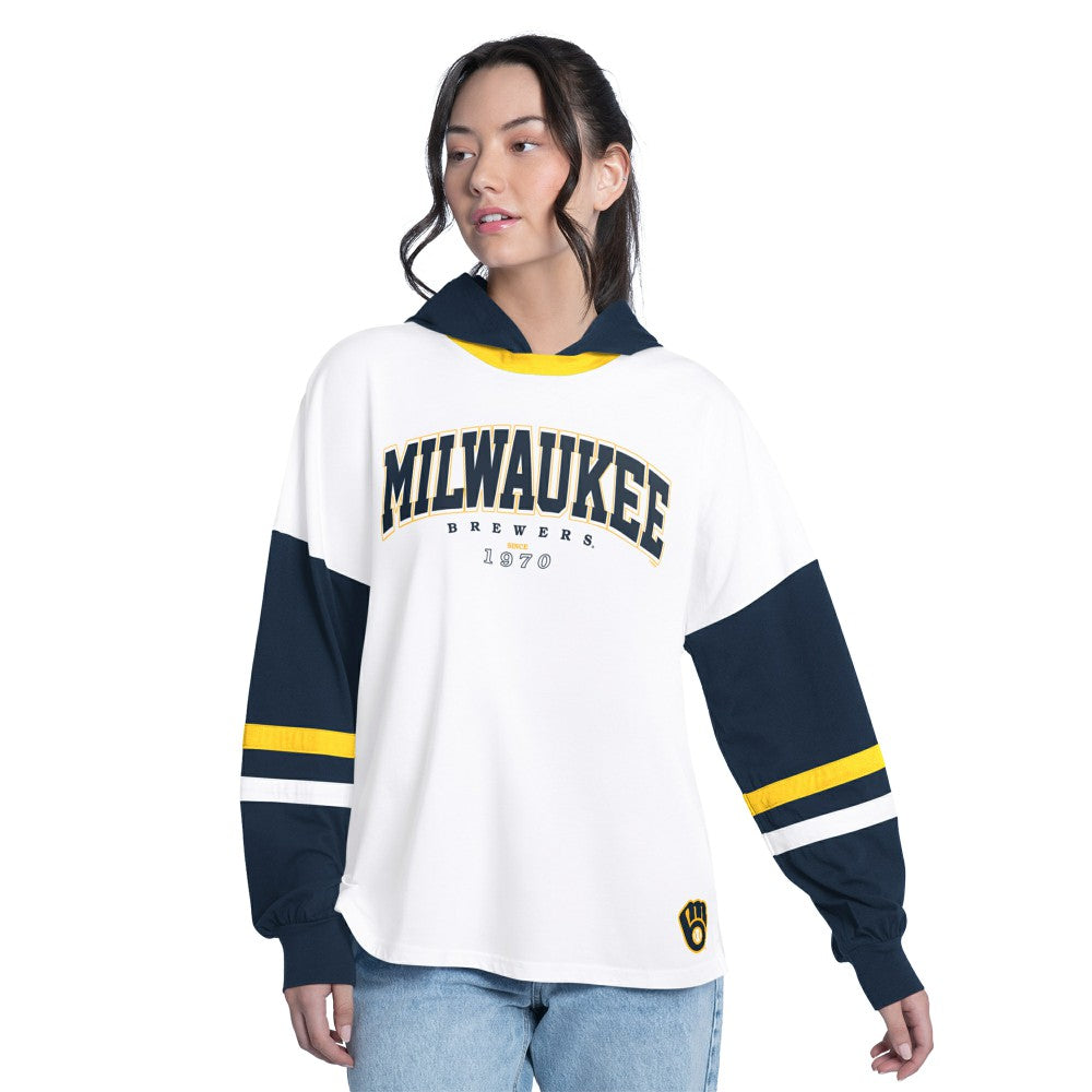 Milwaukee Brewers G-III 4Her by Carl Banks Women's Key Player Oversized Hooded Long Sleeve T-Shirt - White/Navy