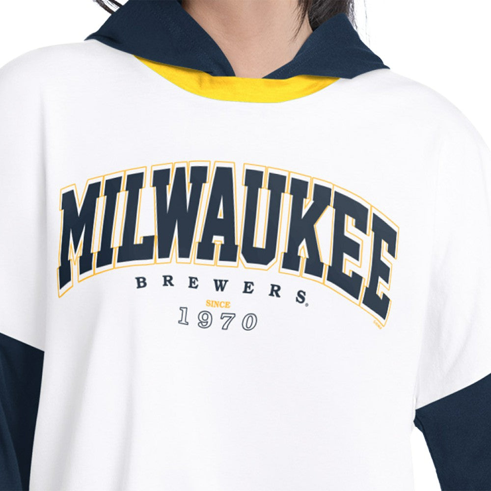 Milwaukee Brewers G-III 4Her by Carl Banks Women's Key Player Oversized Hooded Long Sleeve T-Shirt - White/Navy