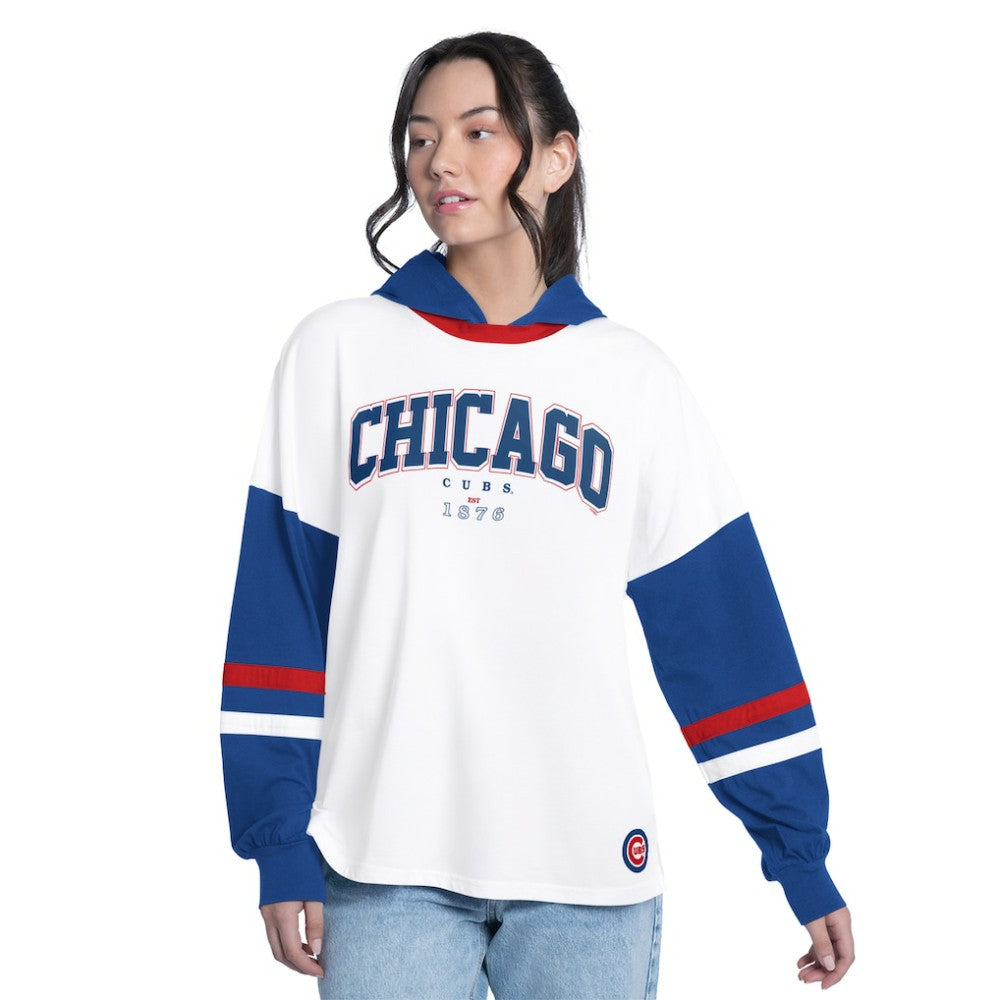 Chicago Cubs G-III 4Her by Carl Banks Women's Key Player Oversized Hooded Long Sleeve T-Shirt - White/Royal